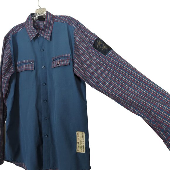 Bugle Boy Plaid Men's Vintage Blue Shirt M Patchwork Long Sleeve Retro Y2K - Picture 3 of 16